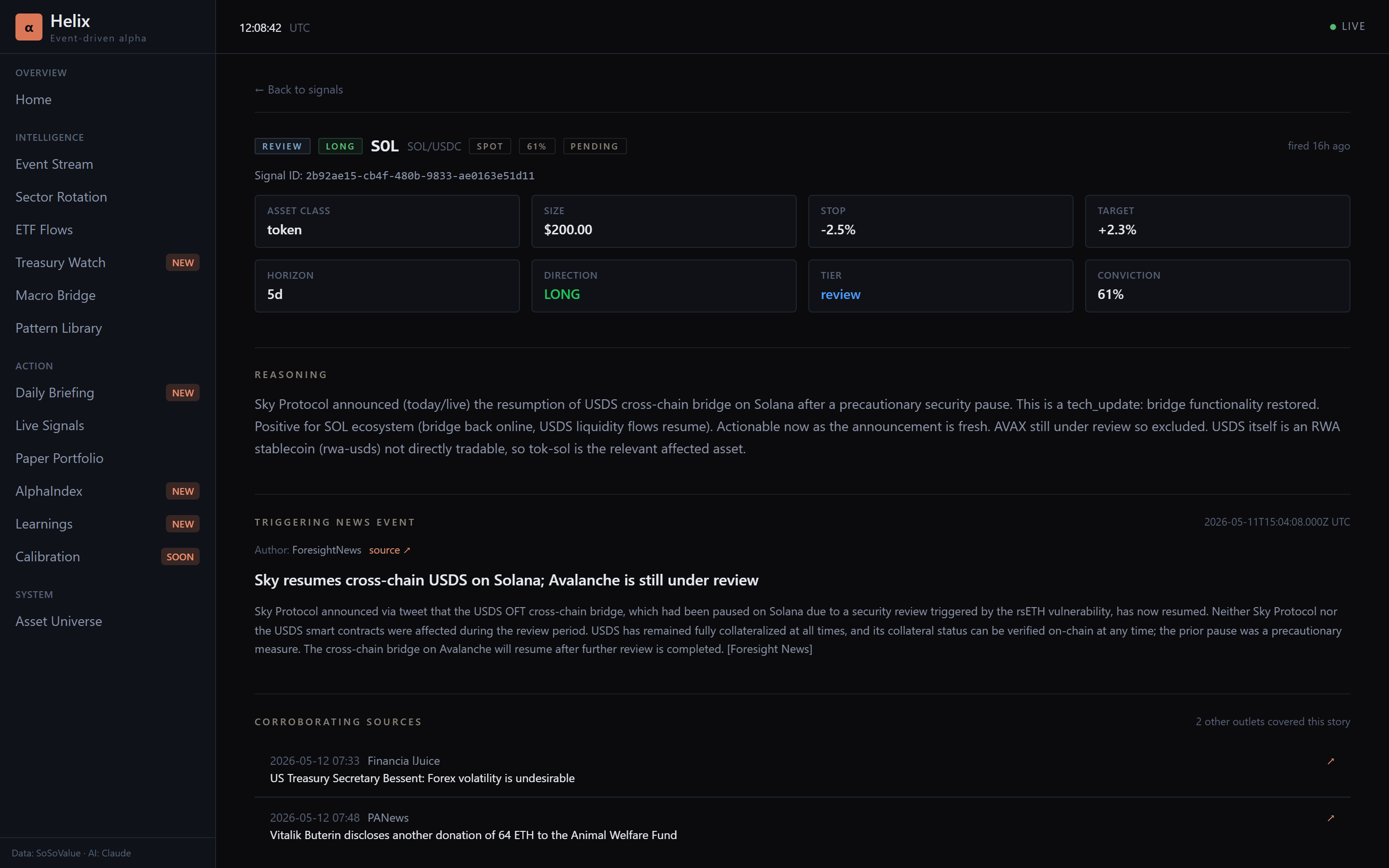 The audit page for a single signal — reasoning, sources, classifier output, gate-rule outcomes, corroboration status.