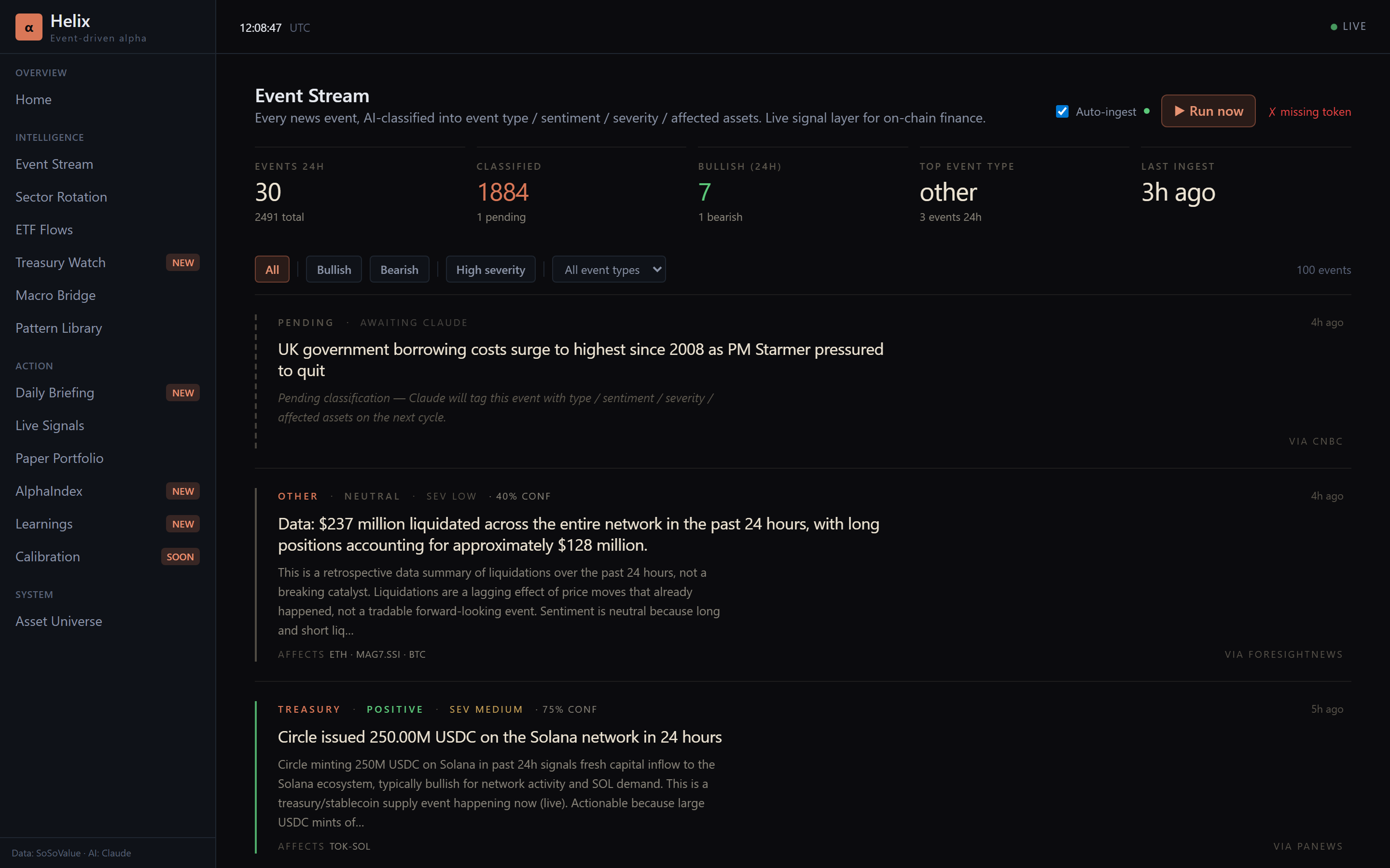 The event stream — recent news headlines with classifier verdicts (event type, sentiment, severity) and asset mappings.